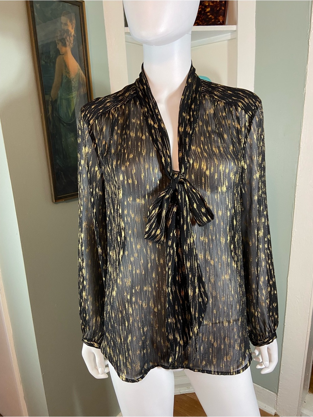Tuckernuck Sheer Black Gold Metallic Tie-Neck Blouse Top Large L